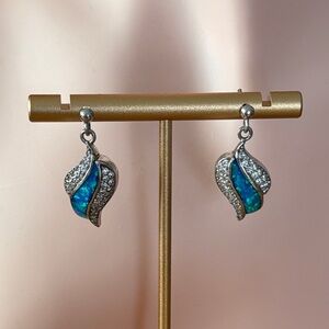 Sterling Silver Simulated Opal and CZ Dangle Earrings Wave Design Pierced